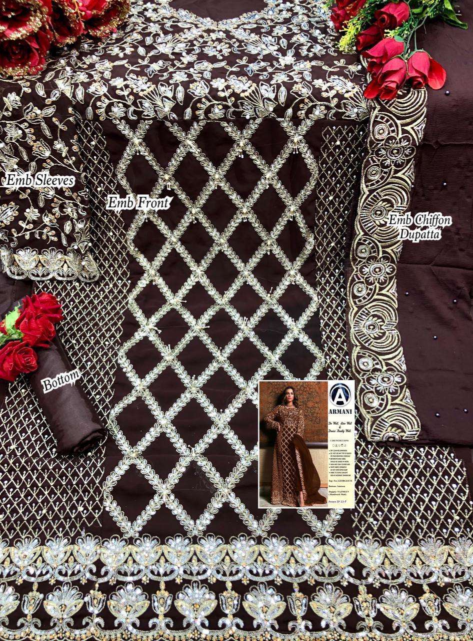 RIMISHA 06 NEW COLOURS BY ARMANI DESIGNER SUITS BEAUTIFUL FANCY COLORFUL STYLISH PARTY WEAR & OCCASIONAL WEAR FAUX GEORGETTE HEAVY EMBROIDERED DRESSES AT WHOLESALE PRICE