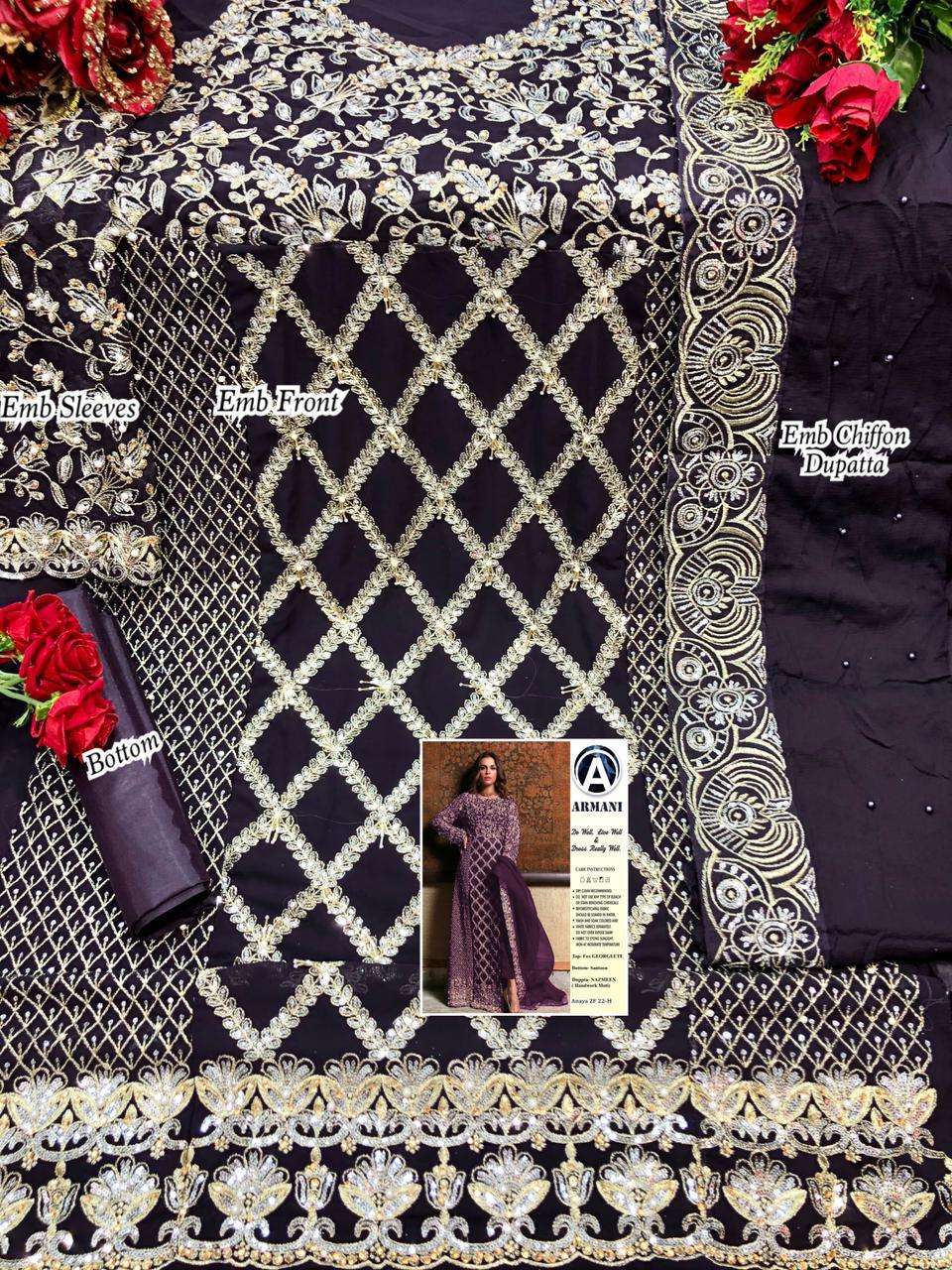 RIMISHA 06 NEW COLOURS BY ARMANI DESIGNER SUITS BEAUTIFUL FANCY COLORFUL STYLISH PARTY WEAR & OCCASIONAL WEAR FAUX GEORGETTE HEAVY EMBROIDERED DRESSES AT WHOLESALE PRICE