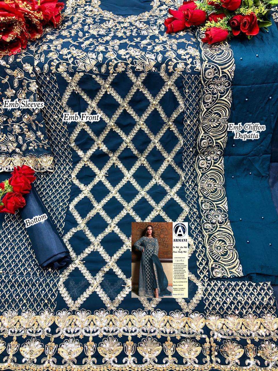RIMISHA 06 NEW COLOURS BY ARMANI DESIGNER SUITS BEAUTIFUL FANCY COLORFUL STYLISH PARTY WEAR & OCCASIONAL WEAR FAUX GEORGETTE HEAVY EMBROIDERED DRESSES AT WHOLESALE PRICE