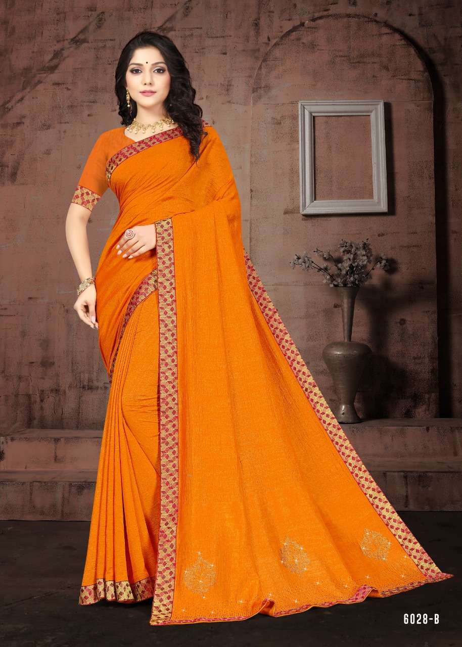 SON HALWA VOL-6 BY INDIAN WOMEN 6028-A TO 6028-H SERIES INDIAN TRADITIONAL WEAR COLLECTION BEAUTIFUL STYLISH FANCY COLORFUL PARTY WEAR & OCCASIONAL WEAR VICHITRA SILK SAREES AT WHOLESALE PRICE
