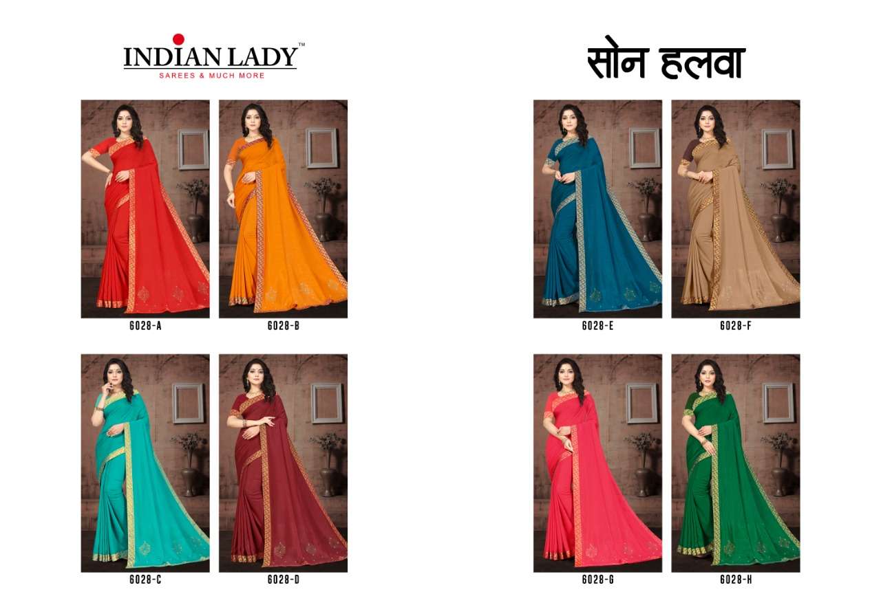 SON HALWA VOL-6 BY INDIAN WOMEN 6028-A TO 6028-H SERIES INDIAN TRADITIONAL WEAR COLLECTION BEAUTIFUL STYLISH FANCY COLORFUL PARTY WEAR & OCCASIONAL WEAR VICHITRA SILK SAREES AT WHOLESALE PRICE