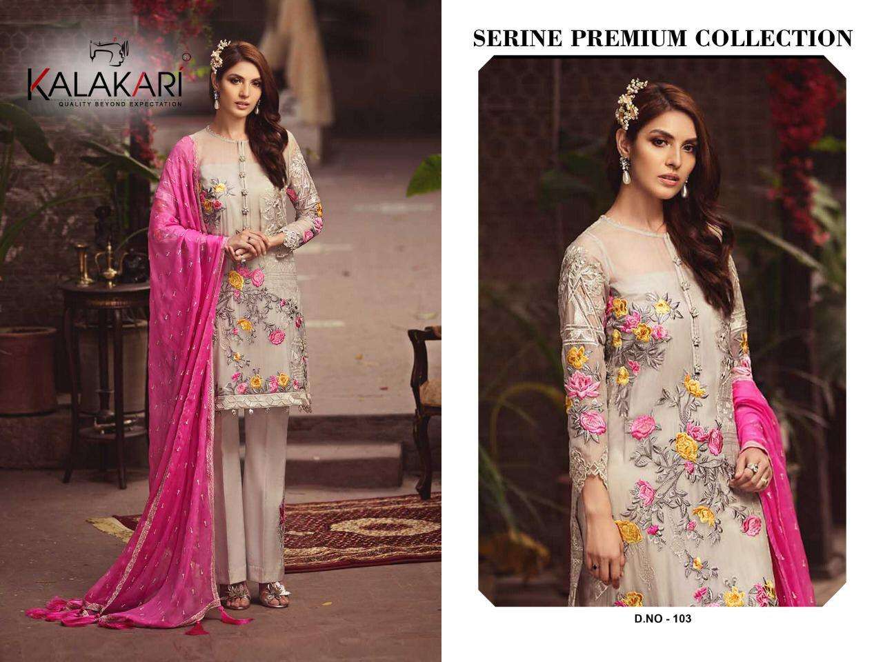 SERINE BY KALAKARI 101 TO 103 SERIES PAKISTANI SUITS BEAUTIFUL FANCY COLORFUL STYLISH PARTY WEAR & OCCASIONAL WEAR BUTTERFLY NET EMBROIDERED DRESSES AT WHOLESALE PRICE