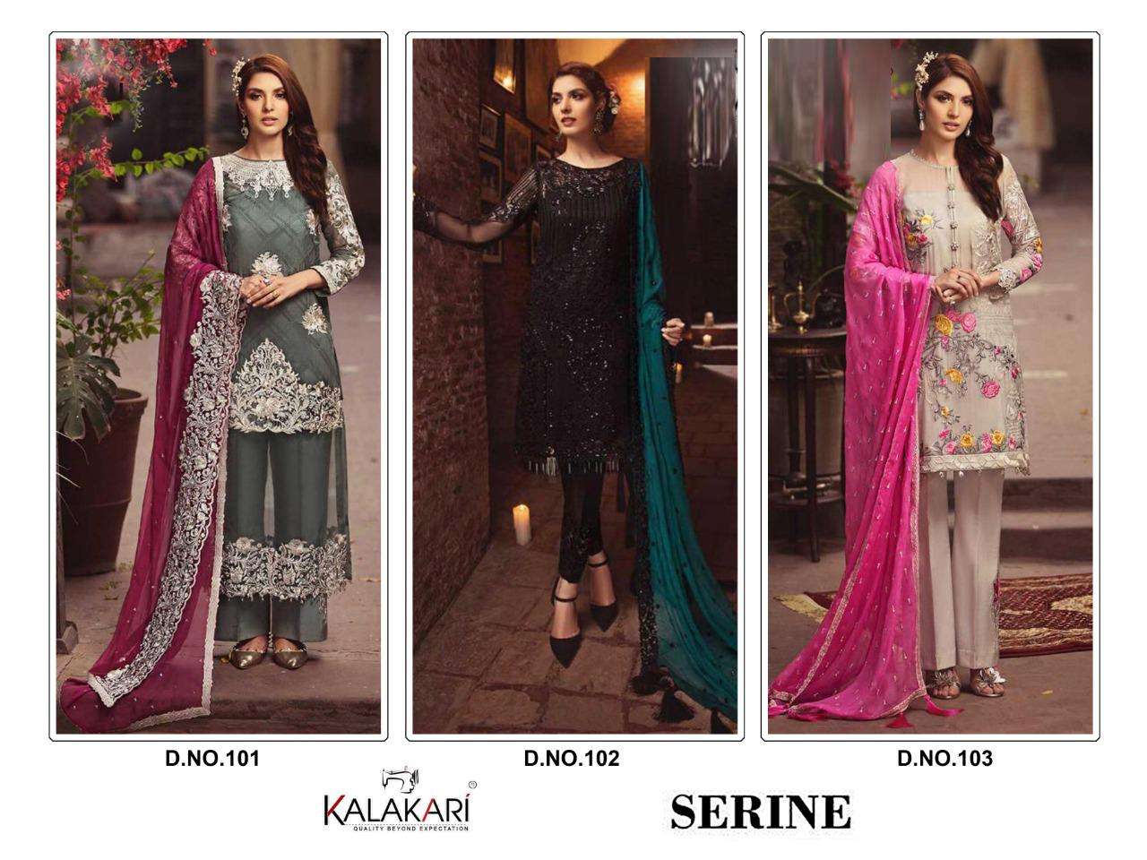 SERINE BY KALAKARI 101 TO 103 SERIES PAKISTANI SUITS BEAUTIFUL FANCY COLORFUL STYLISH PARTY WEAR & OCCASIONAL WEAR BUTTERFLY NET EMBROIDERED DRESSES AT WHOLESALE PRICE