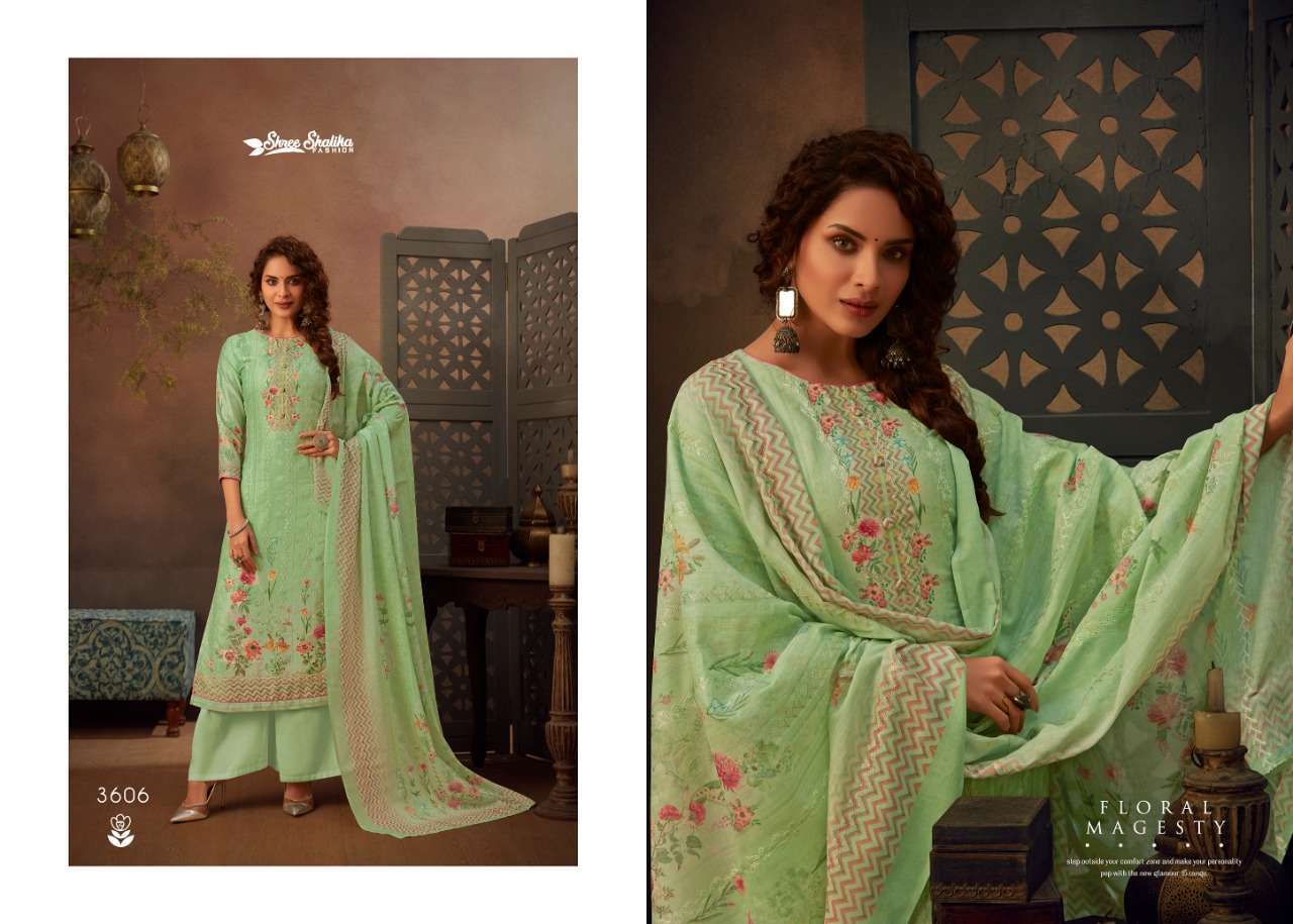 SHALIKA VOL-72 BY SHREE SHALIKA FASHION 3601 TO 3608 SERIES BEAUTIFUL STYLISH SUITS FANCY COLORFUL CASUAL WEAR & ETHNIC WEAR & READY TO WEAR JAM SATIN DIGITAL PRINT WITH AARI WORK DRESSES AT WHOLESALE PRICE
