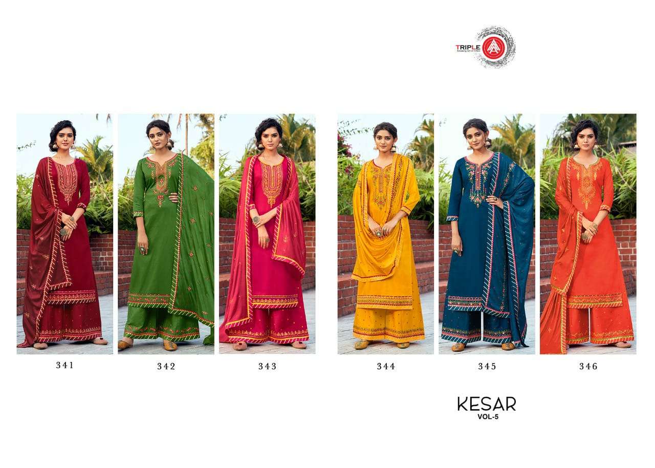 KESAR VOL-5 BY TRIPLE AAA 341 TO 346 SERIES BEAUTIFUL SUITS COLORFUL STYLISH FANCY CASUAL WEAR & ETHNIC WEAR JAM SILK EMBROIDERED DRESSES AT WHOLESALE PRICE