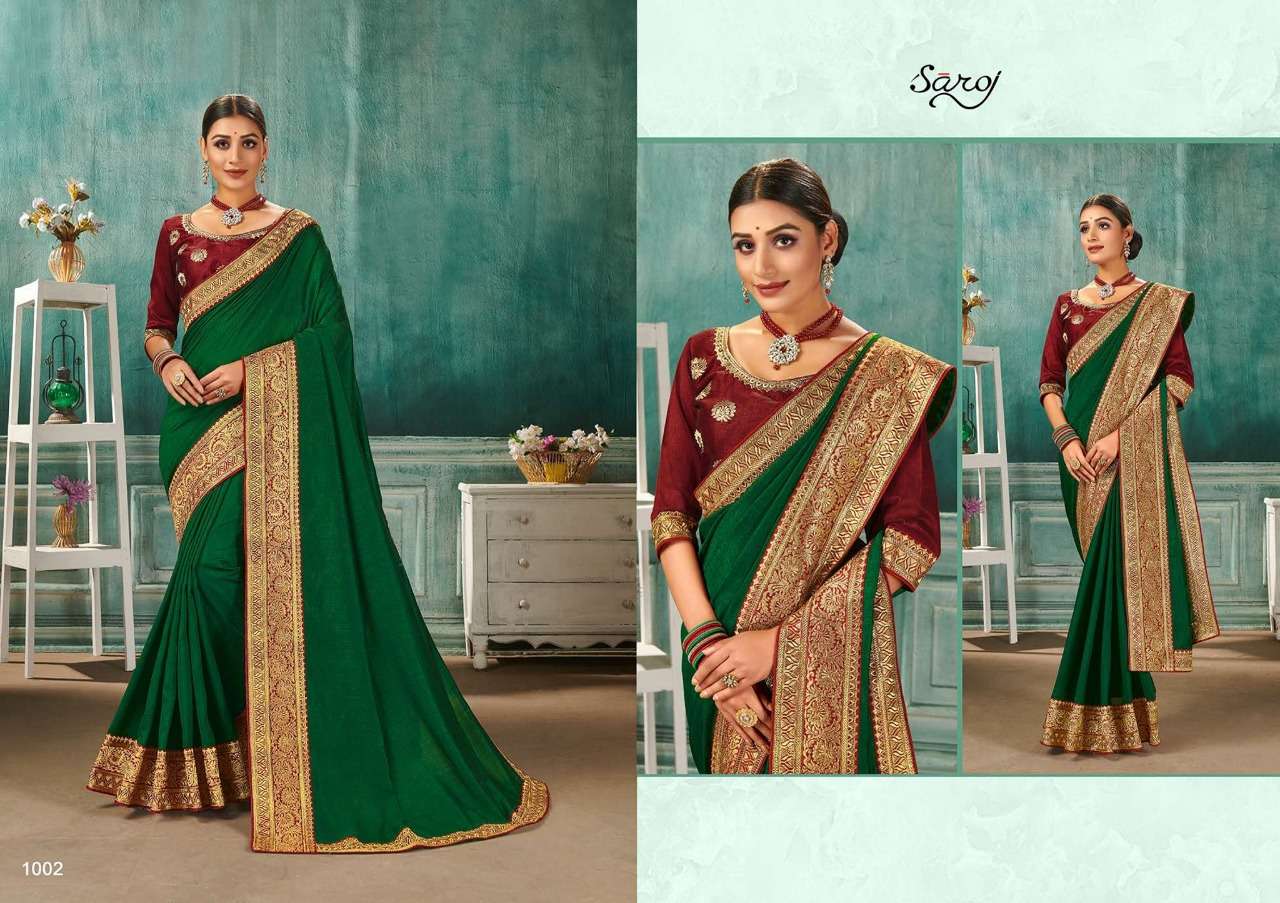 NANDINI BY SAROJ 1001 TO 1008 SERIES INDIAN TRADITIONAL WEAR COLLECTION BEAUTIFUL STYLISH FANCY COLORFUL PARTY WEAR & OCCASIONAL WEAR VICHITRA SILK SAREES AT WHOLESALE PRICE