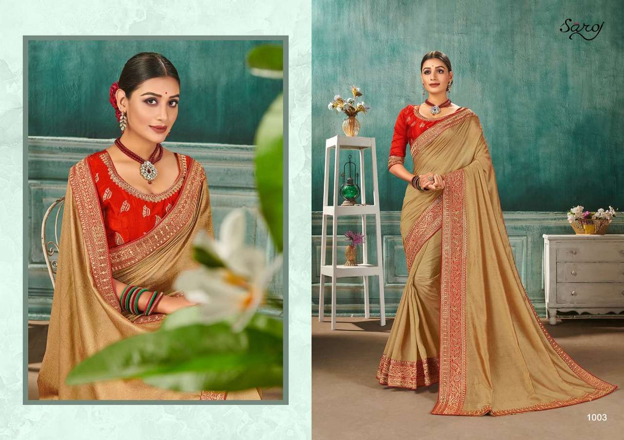 NANDINI BY SAROJ 1001 TO 1008 SERIES INDIAN TRADITIONAL WEAR COLLECTION BEAUTIFUL STYLISH FANCY COLORFUL PARTY WEAR & OCCASIONAL WEAR VICHITRA SILK SAREES AT WHOLESALE PRICE