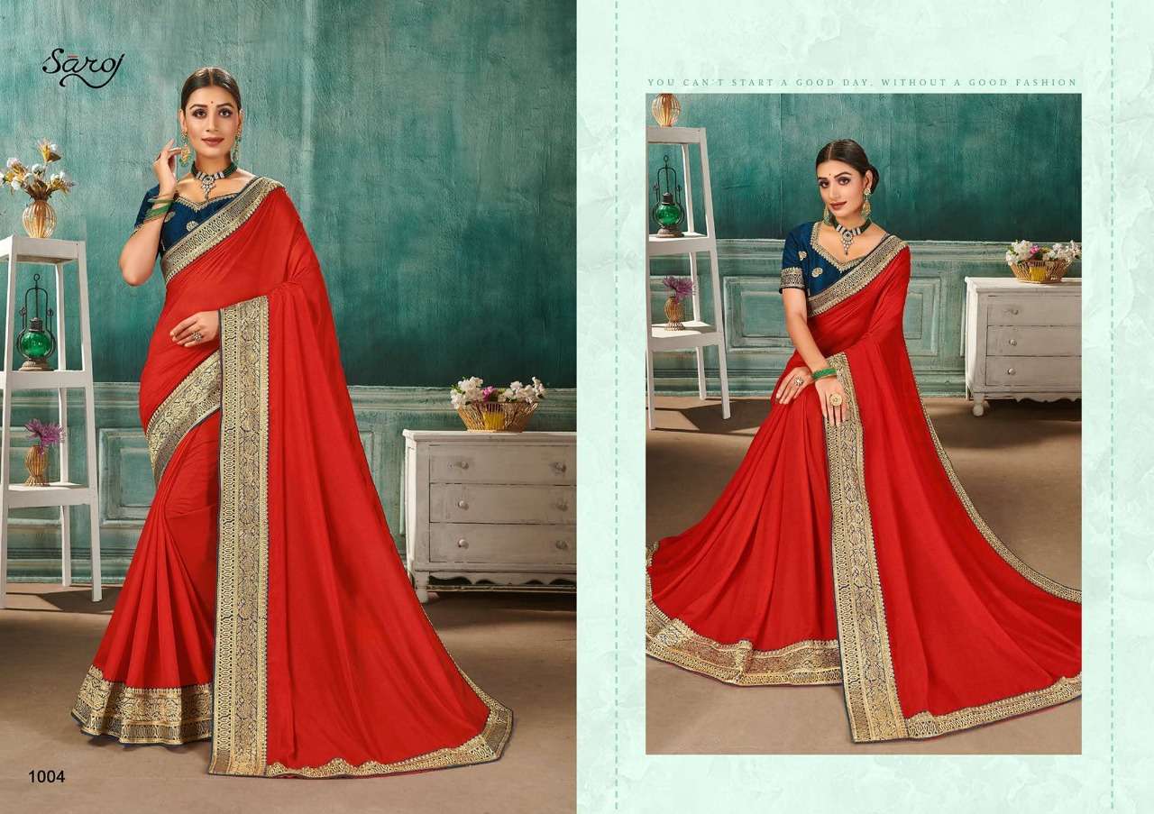 NANDINI BY SAROJ 1001 TO 1008 SERIES INDIAN TRADITIONAL WEAR COLLECTION BEAUTIFUL STYLISH FANCY COLORFUL PARTY WEAR & OCCASIONAL WEAR VICHITRA SILK SAREES AT WHOLESALE PRICE