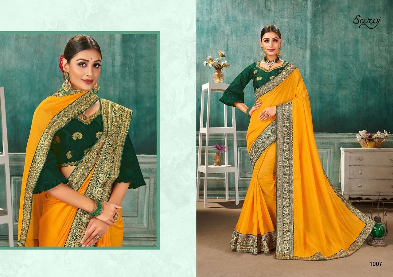 NANDINI BY SAROJ 1001 TO 1008 SERIES INDIAN TRADITIONAL WEAR COLLECTION BEAUTIFUL STYLISH FANCY COLORFUL PARTY WEAR & OCCASIONAL WEAR VICHITRA SILK SAREES AT WHOLESALE PRICE