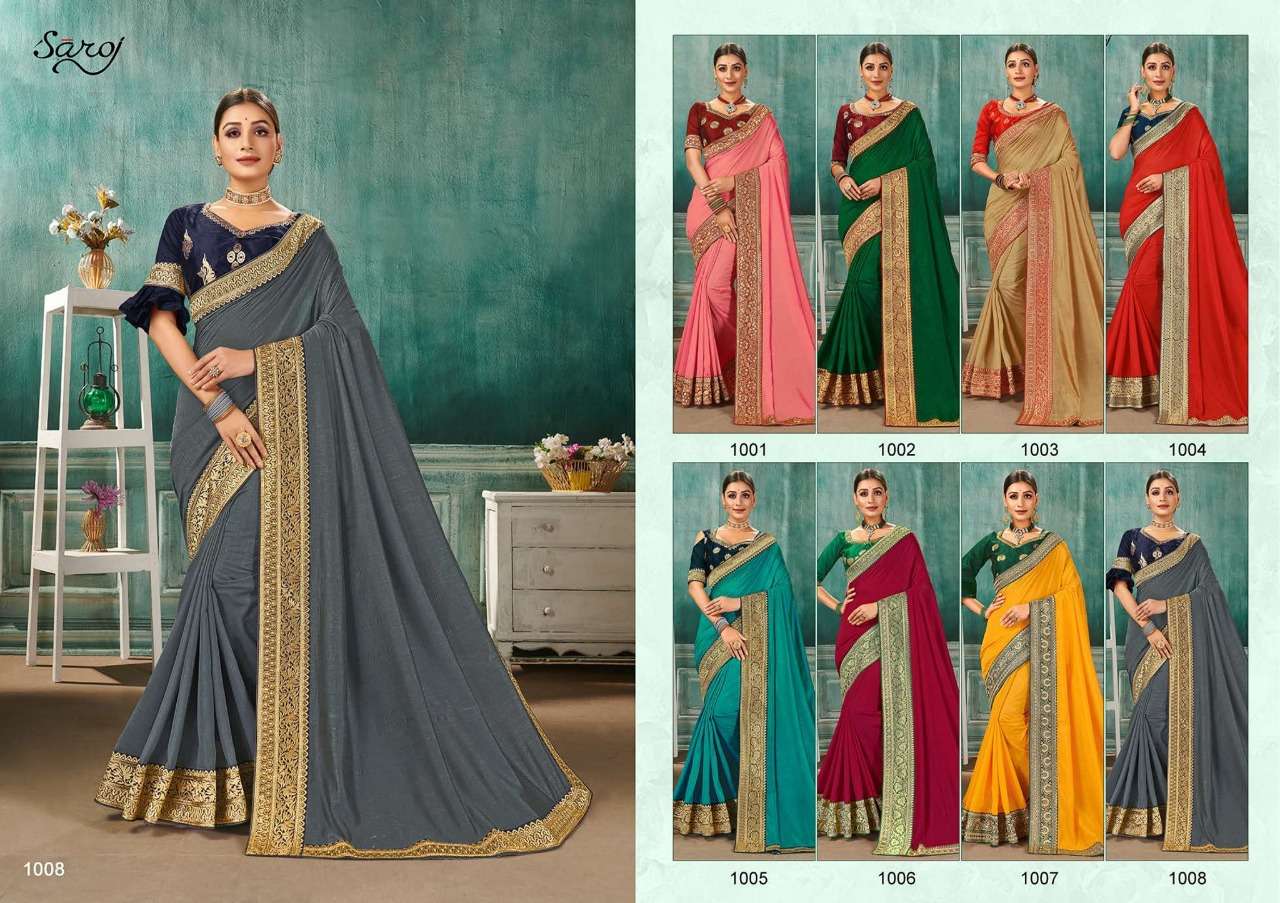NANDINI BY SAROJ 1001 TO 1008 SERIES INDIAN TRADITIONAL WEAR COLLECTION BEAUTIFUL STYLISH FANCY COLORFUL PARTY WEAR & OCCASIONAL WEAR VICHITRA SILK SAREES AT WHOLESALE PRICE