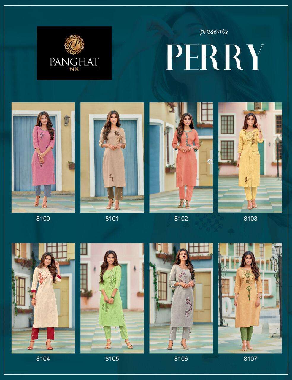 PERRY BY PANGHAT NX 8100 TO 8107 SERIES DESIGNER STYLISH FANCY COLORFUL BEAUTIFUL PARTY WEAR & ETHNIC WEAR COLLECTION PURE COTTON EMBROIDERY KURTIS AT WHOLESALE PRICE