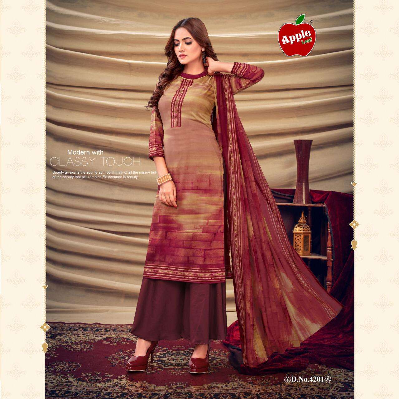MEHWISH VOL-42 BY APPLE 4201 TO 4212 SERIES BEAUTIFUL SUITS COLORFUL STYLISH FANCY CASUAL WEAR & ETHNIC WEAR LEON DRESSES AT WHOLESALE PRICE