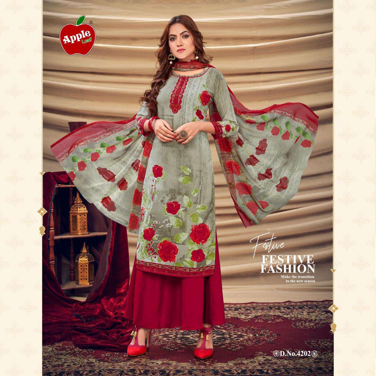 MEHWISH VOL-42 BY APPLE 4201 TO 4212 SERIES BEAUTIFUL SUITS COLORFUL STYLISH FANCY CASUAL WEAR & ETHNIC WEAR LEON DRESSES AT WHOLESALE PRICE