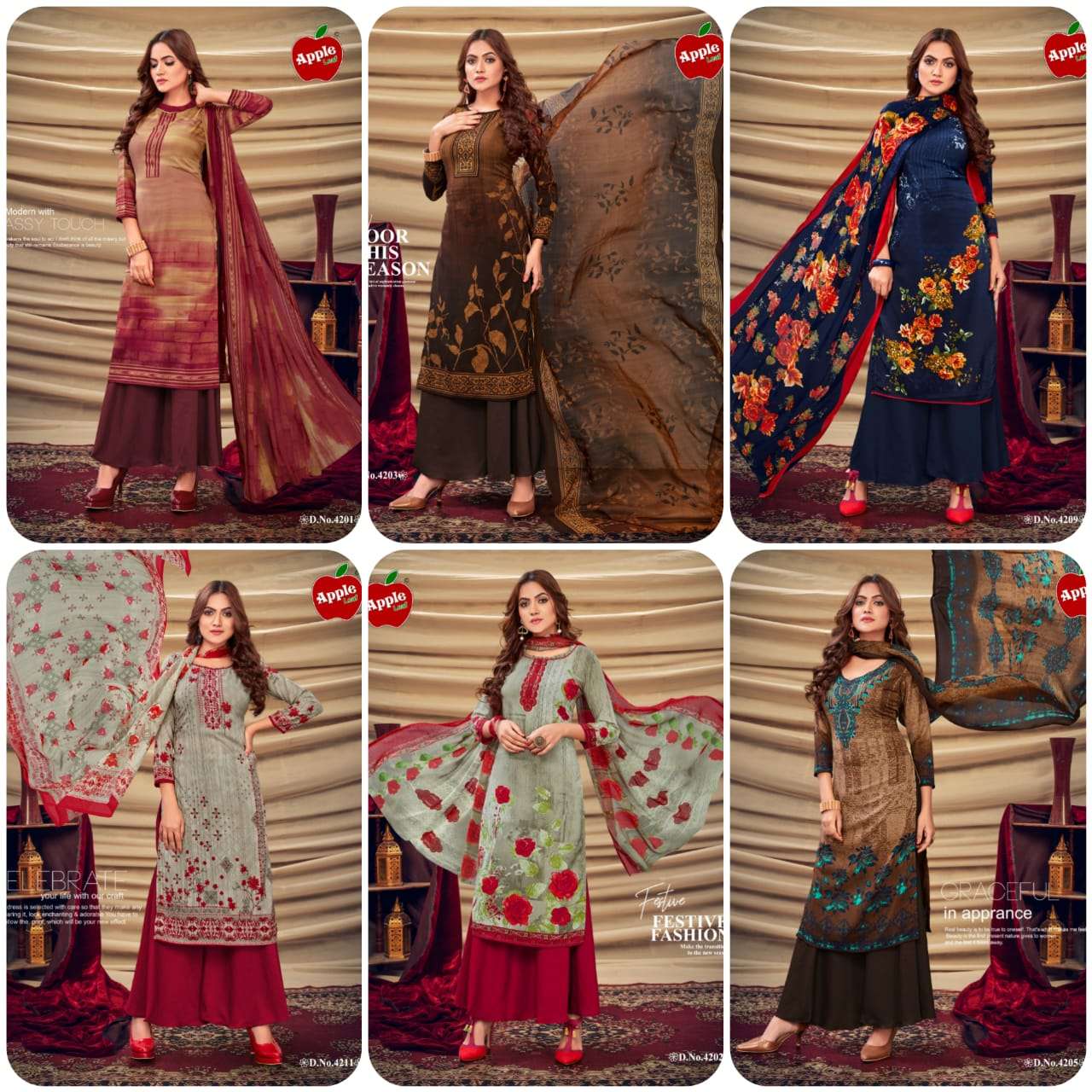 MEHWISH VOL-42 BY APPLE 4201 TO 4212 SERIES BEAUTIFUL SUITS COLORFUL STYLISH FANCY CASUAL WEAR & ETHNIC WEAR LEON DRESSES AT WHOLESALE PRICE