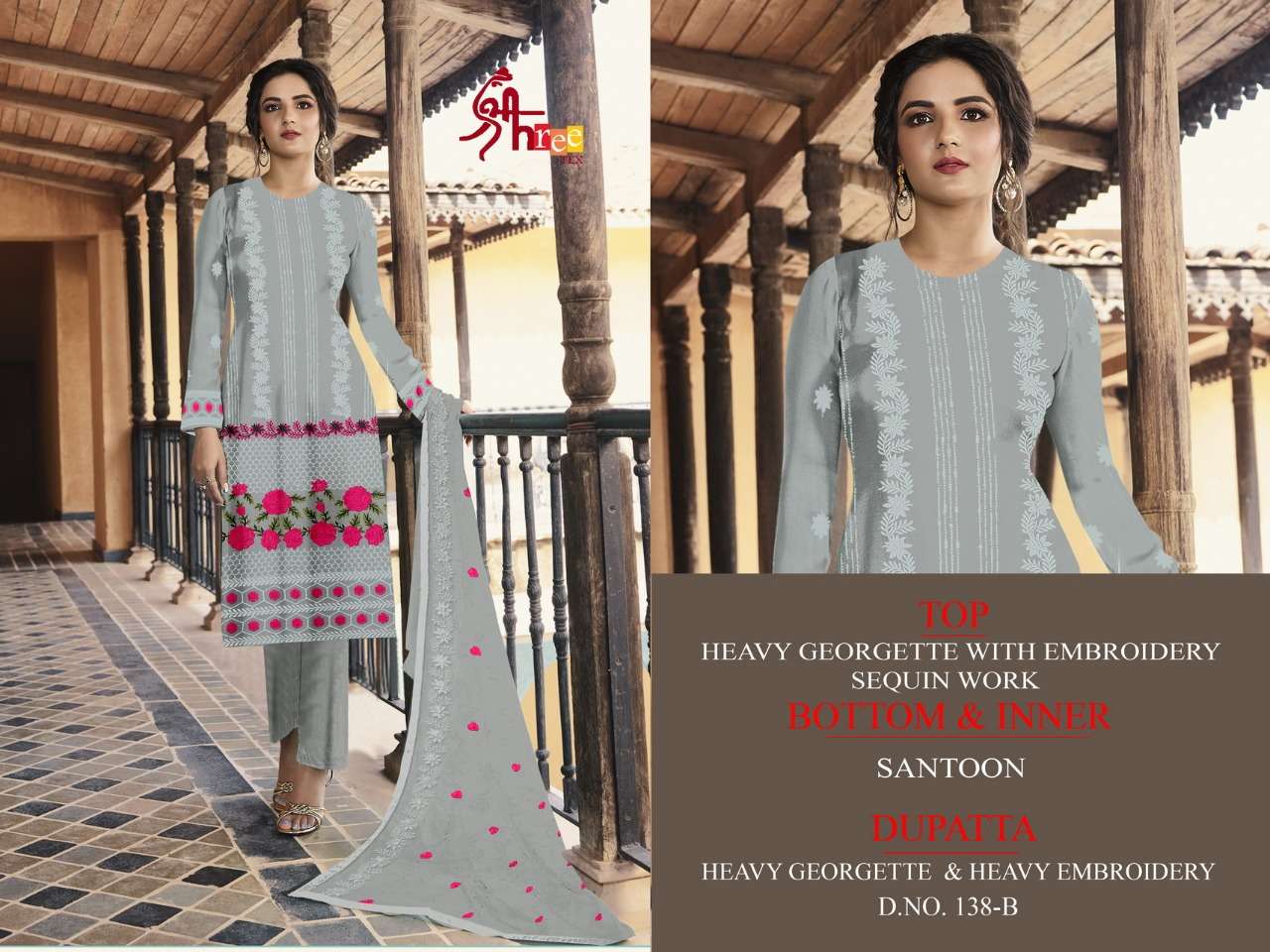 SHREE TEX HIT DESIGN 138 COLOURS BY SHREE TEX 138-A TO 138-D SERIES BEAUTIFUL STYLISH SUITS FANCY COLORFUL CASUAL WEAR & ETHNIC WEAR & READY TO WEAR HEAVY GEORGETTE EMBROIDERY DRESSES AT WHOLESALE PRICE