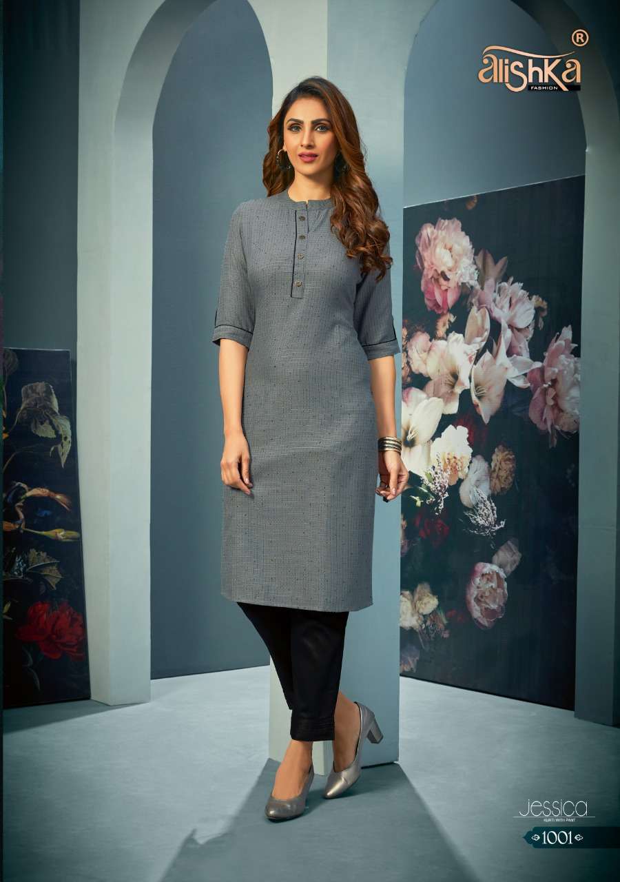 JESSICA BY ALISHKA FASHION 1001 TO 1004 SERIES DESIGNER STYLISH FANCY COLORFUL BEAUTIFUL PARTY WEAR & ETHNIC WEAR COLLECTION RAYON EMBROIDERY KURTIS WITH BOTTOM AT WHOLESALE PRICE
