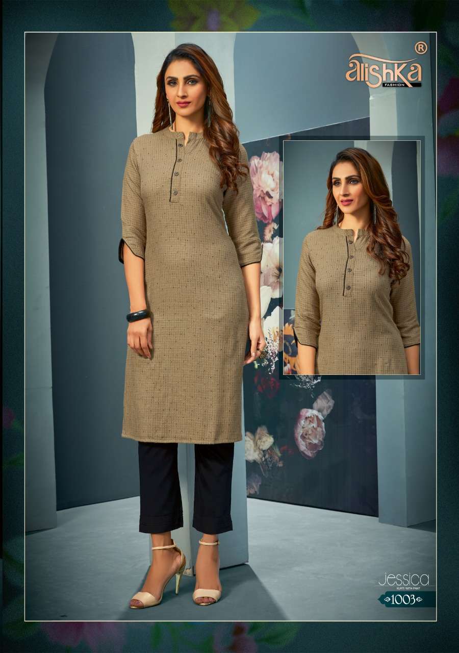 JESSICA BY ALISHKA FASHION 1001 TO 1004 SERIES DESIGNER STYLISH FANCY COLORFUL BEAUTIFUL PARTY WEAR & ETHNIC WEAR COLLECTION RAYON EMBROIDERY KURTIS WITH BOTTOM AT WHOLESALE PRICE