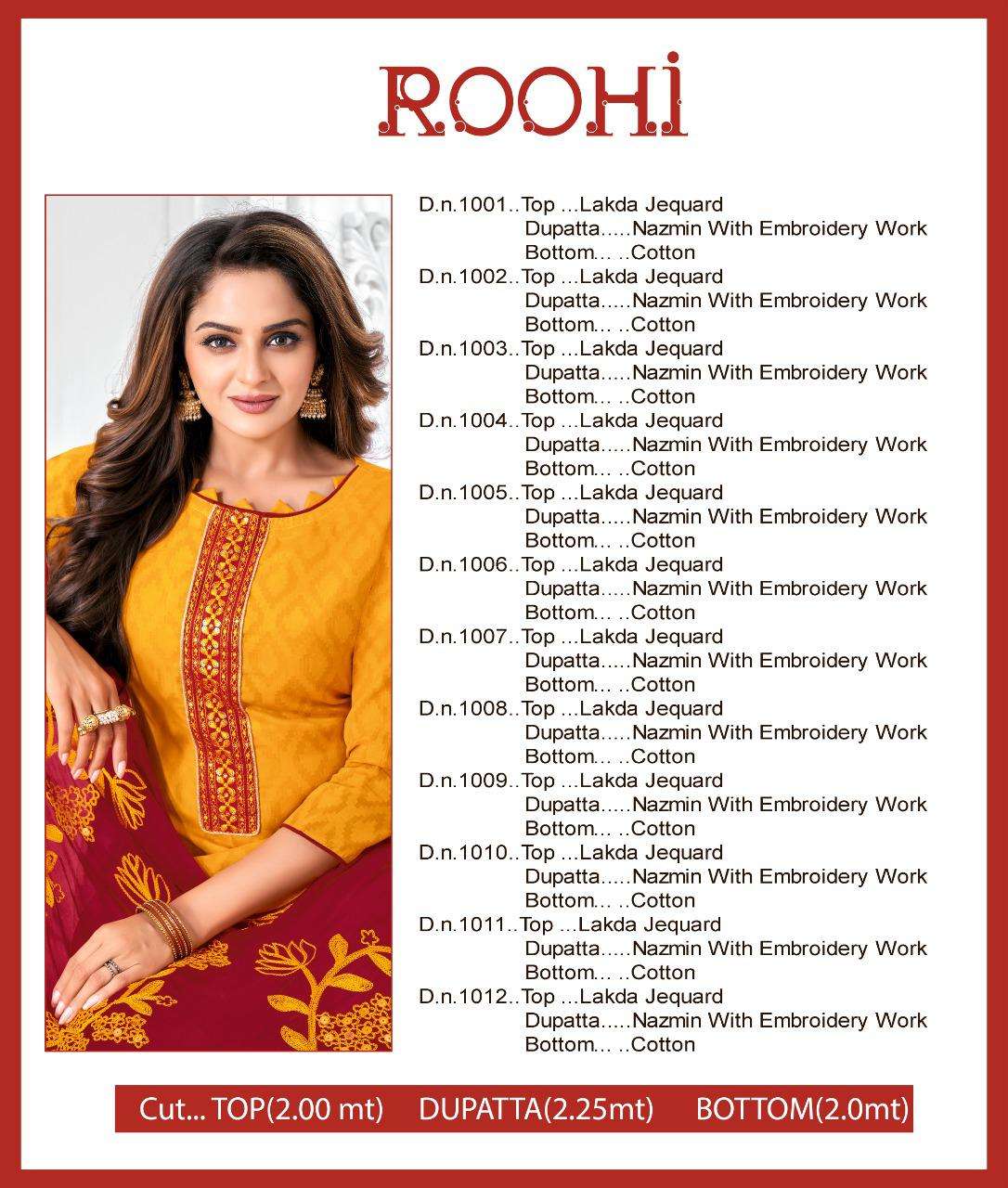 ROOHI BY SHAGUN TEX 1001 TO 1012 SERIES BEAUTIFUL STYLISH SUITS FANCY COLORFUL CASUAL WEAR & ETHNIC WEAR & READY TO WEAR LAKDA JACQUARD PRINTED DRESSES AT WHOLESALE PRICE
