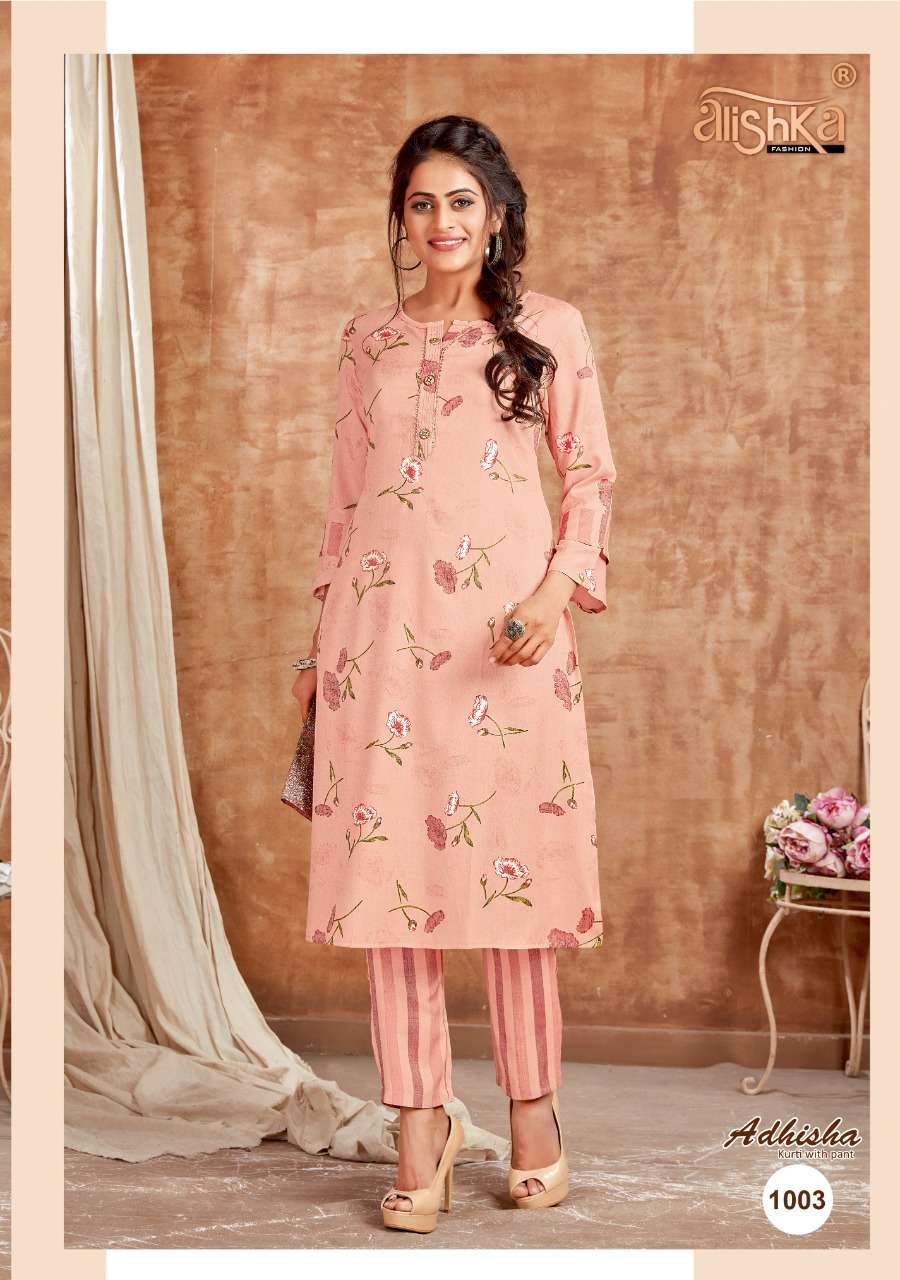 ADHISHA BY ALISHKA FASHION 1001 TO 1004 SERIES DESIGNER STYLISH FANCY COLORFUL BEAUTIFUL PARTY WEAR & ETHNIC WEAR COLLECTION RAYON FOIL PRINT KURTIS WITH BOTTOM AT WHOLESALE PRICE