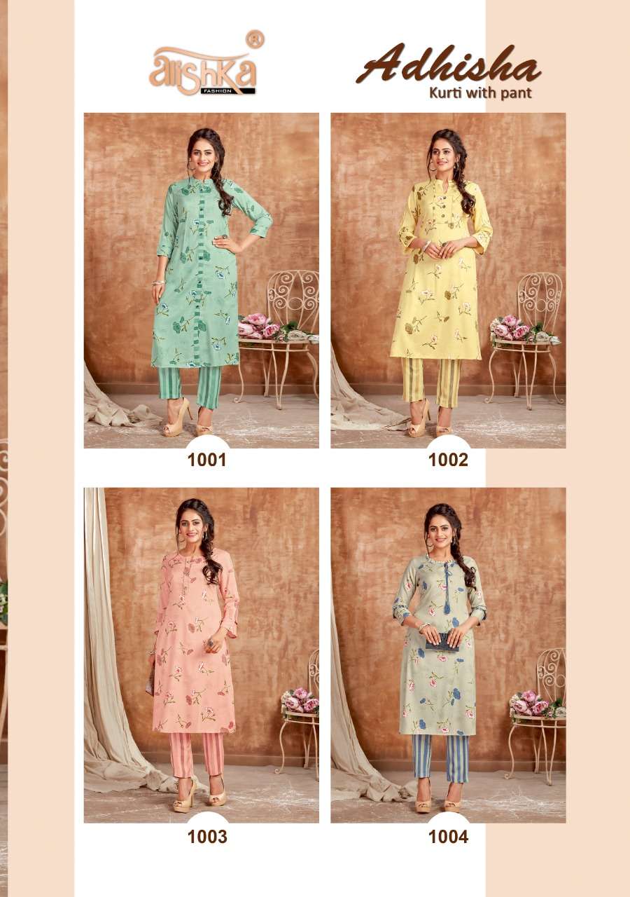 ADHISHA BY ALISHKA FASHION 1001 TO 1004 SERIES DESIGNER STYLISH FANCY COLORFUL BEAUTIFUL PARTY WEAR & ETHNIC WEAR COLLECTION RAYON FOIL PRINT KURTIS WITH BOTTOM AT WHOLESALE PRICE