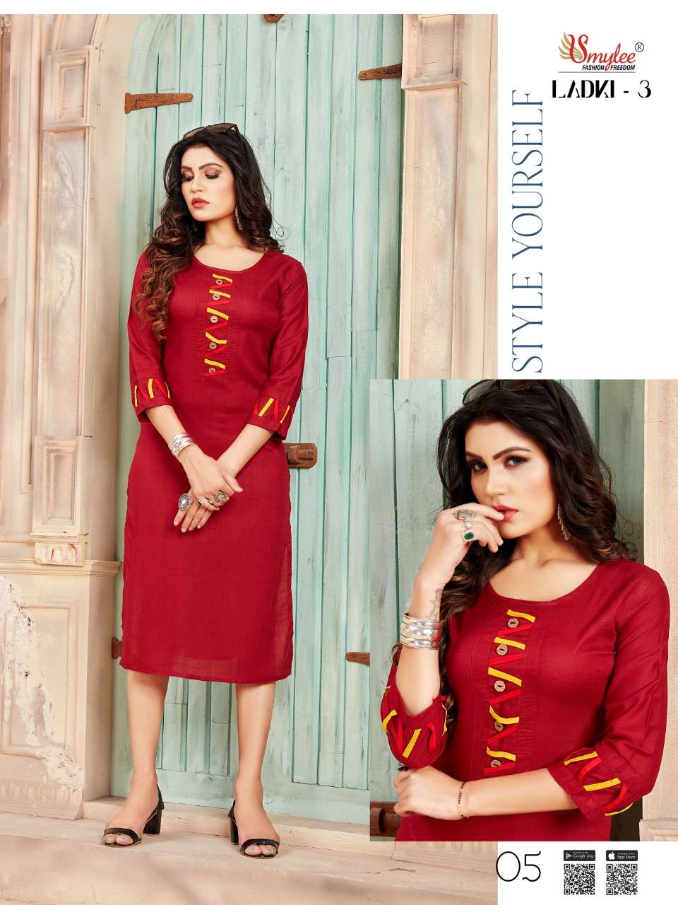 LADKI VOL-3 BY SMYLEE 01 TO 10 SERIES DESIGNER STYLISH FANCY COLORFUL BEAUTIFUL PARTY WEAR & ETHNIC WEAR COLLECTION RAYON WITH WORK KURTIS AT WHOLESALE PRICE