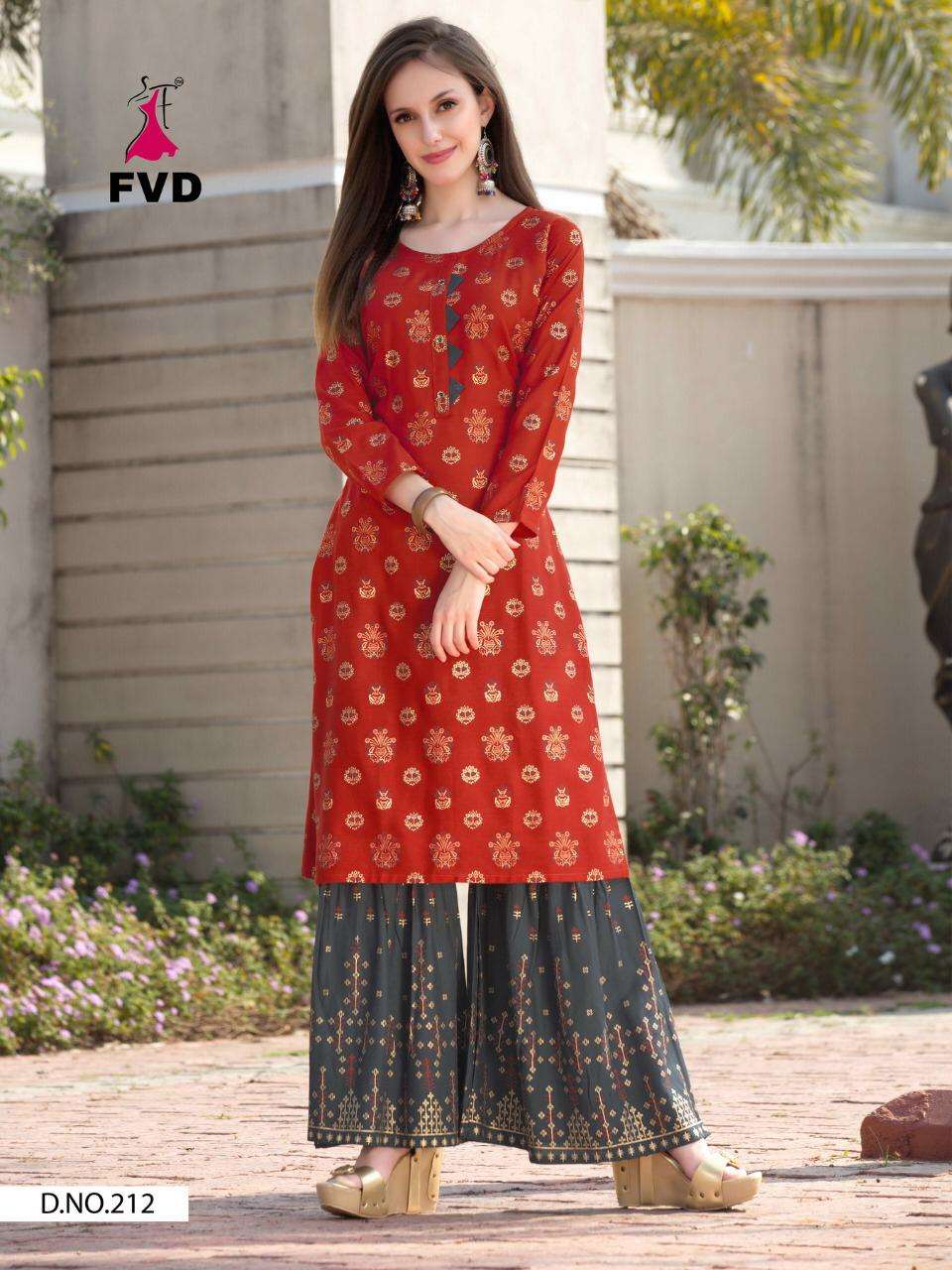 COLOURFULL VOL-1 BY FVD 212 TO 218 SERIES DESIGNER STYLISH FANCY COLORFUL BEAUTIFUL PARTY WEAR & ETHNIC WEAR COLLECTION RAYON FOIL PRINT KURTIS WITH BOTTOM AT WHOLESALE PRICE