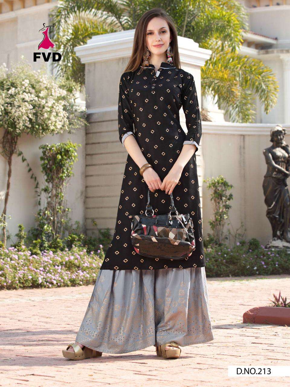 COLOURFULL VOL-1 BY FVD 212 TO 218 SERIES DESIGNER STYLISH FANCY COLORFUL BEAUTIFUL PARTY WEAR & ETHNIC WEAR COLLECTION RAYON FOIL PRINT KURTIS WITH BOTTOM AT WHOLESALE PRICE