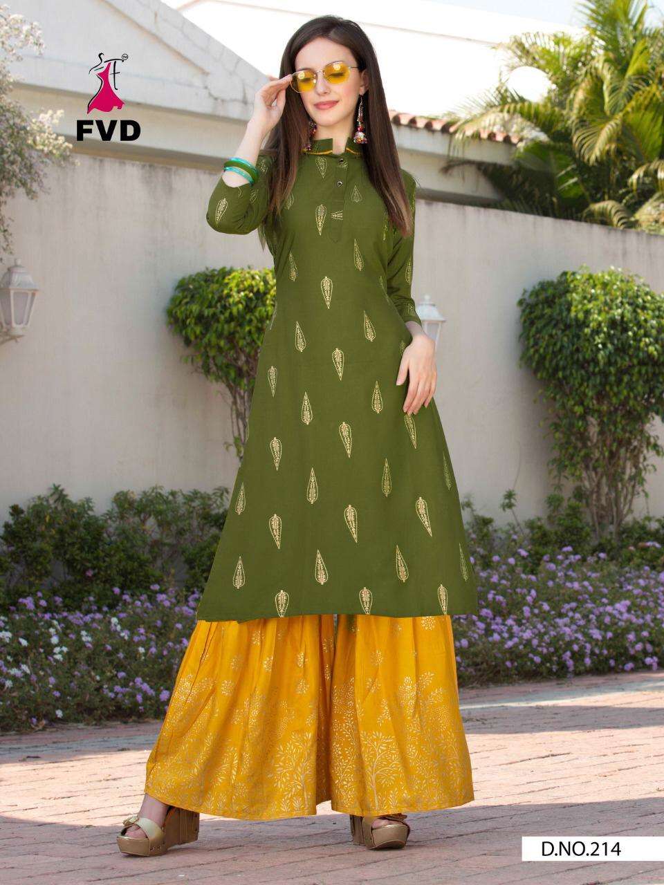 COLOURFULL VOL-1 BY FVD 212 TO 218 SERIES DESIGNER STYLISH FANCY COLORFUL BEAUTIFUL PARTY WEAR & ETHNIC WEAR COLLECTION RAYON FOIL PRINT KURTIS WITH BOTTOM AT WHOLESALE PRICE
