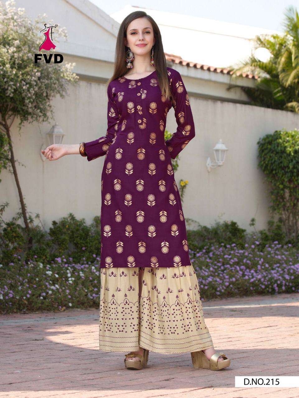 COLOURFULL VOL-1 BY FVD 212 TO 218 SERIES DESIGNER STYLISH FANCY COLORFUL BEAUTIFUL PARTY WEAR & ETHNIC WEAR COLLECTION RAYON FOIL PRINT KURTIS WITH BOTTOM AT WHOLESALE PRICE