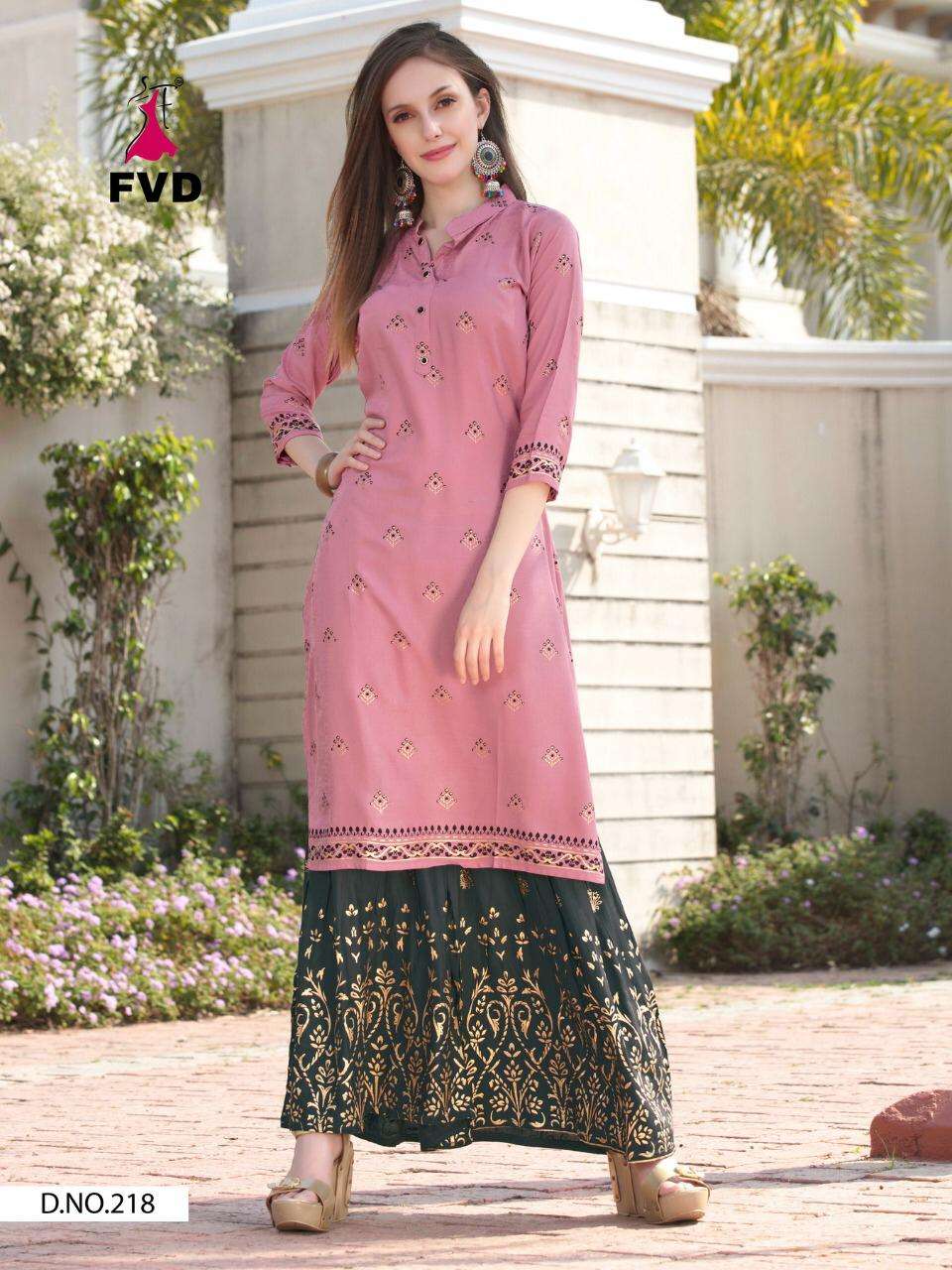 COLOURFULL VOL-1 BY FVD 212 TO 218 SERIES DESIGNER STYLISH FANCY COLORFUL BEAUTIFUL PARTY WEAR & ETHNIC WEAR COLLECTION RAYON FOIL PRINT KURTIS WITH BOTTOM AT WHOLESALE PRICE