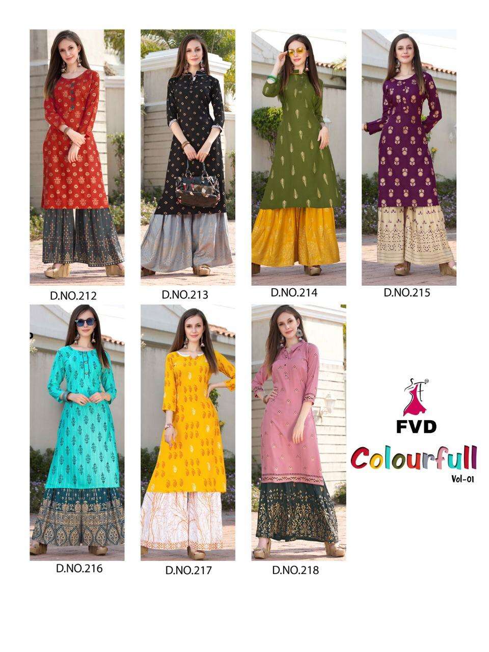 COLOURFULL VOL-1 BY FVD 212 TO 218 SERIES DESIGNER STYLISH FANCY COLORFUL BEAUTIFUL PARTY WEAR & ETHNIC WEAR COLLECTION RAYON FOIL PRINT KURTIS WITH BOTTOM AT WHOLESALE PRICE