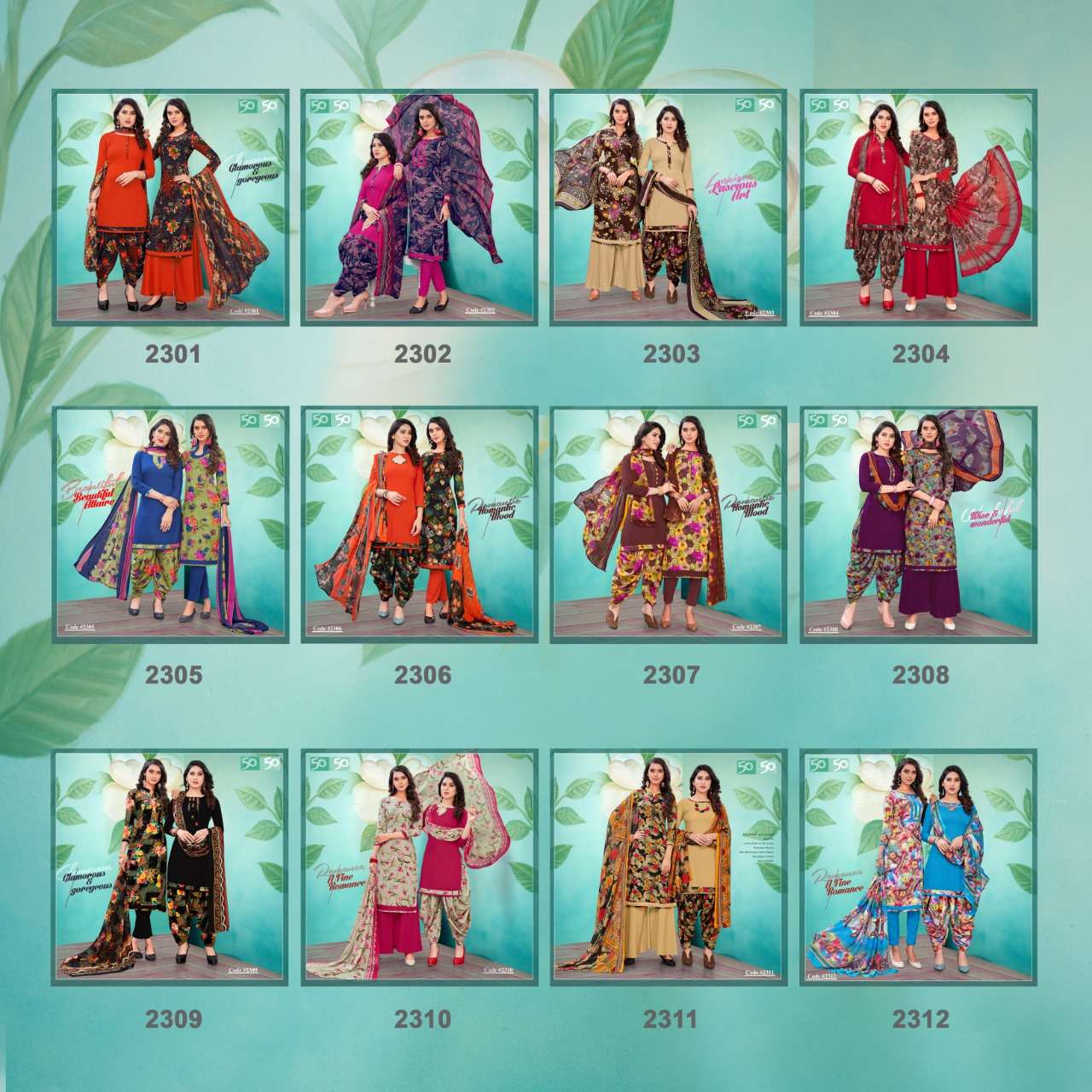 50 50 VOL-23 BY APPLE LEAF 2301 TO 2312 SERIES BEAUTIFUL SUITS COLORFUL STYLISH FANCY CASUAL WEAR & ETHNIC WEAR FANCY DRESSES AT WHOLESALE PRICE