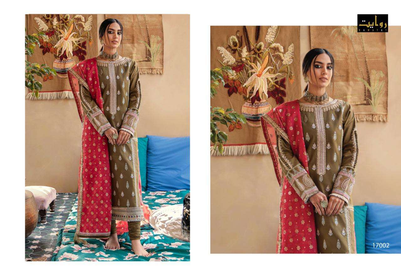 ALZOHAIB VOL-2 BY RAWAYAT 17001 TO 17005 SERIES BEAUTIFUL SUITS STYLISH COLORFUL FANCY CASUAL WEAR & ETHNIC WEAR PURE COTTON EMBROIDERED DRESSES AT WHOLESALE PRICE