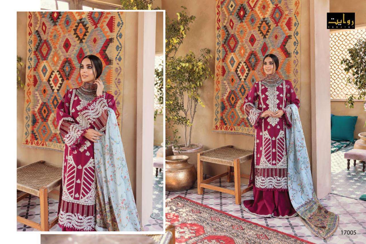 ALZOHAIB VOL-2 BY RAWAYAT 17001 TO 17005 SERIES BEAUTIFUL SUITS STYLISH COLORFUL FANCY CASUAL WEAR & ETHNIC WEAR PURE COTTON EMBROIDERED DRESSES AT WHOLESALE PRICE