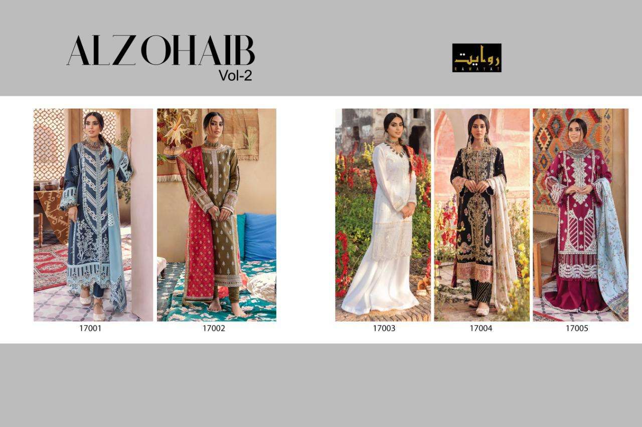 ALZOHAIB VOL-2 BY RAWAYAT 17001 TO 17005 SERIES BEAUTIFUL SUITS STYLISH COLORFUL FANCY CASUAL WEAR & ETHNIC WEAR PURE COTTON EMBROIDERED DRESSES AT WHOLESALE PRICE