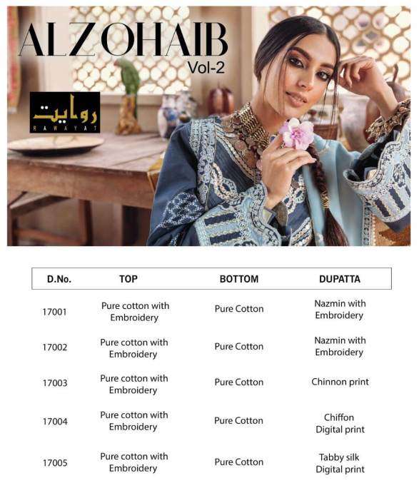 ALZOHAIB VOL-2 BY RAWAYAT 17001 TO 17005 SERIES BEAUTIFUL SUITS STYLISH COLORFUL FANCY CASUAL WEAR & ETHNIC WEAR PURE COTTON EMBROIDERED DRESSES AT WHOLESALE PRICE