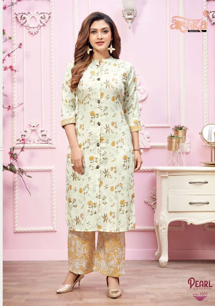 PEARL BY ALISHKA FASHION 1001 TO 1004 SERIES BEAUTIFUL SUITS STYLISH FANCY COLORFUL PARTY WEAR & OCCASIONAL WEAR RAYON SLUB KURTIS WITH BOTTOM AT WHOLESALE PRICE