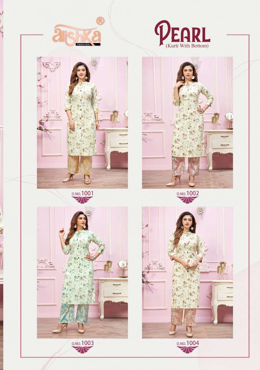 PEARL BY ALISHKA FASHION 1001 TO 1004 SERIES BEAUTIFUL SUITS STYLISH FANCY COLORFUL PARTY WEAR & OCCASIONAL WEAR RAYON SLUB KURTIS WITH BOTTOM AT WHOLESALE PRICE