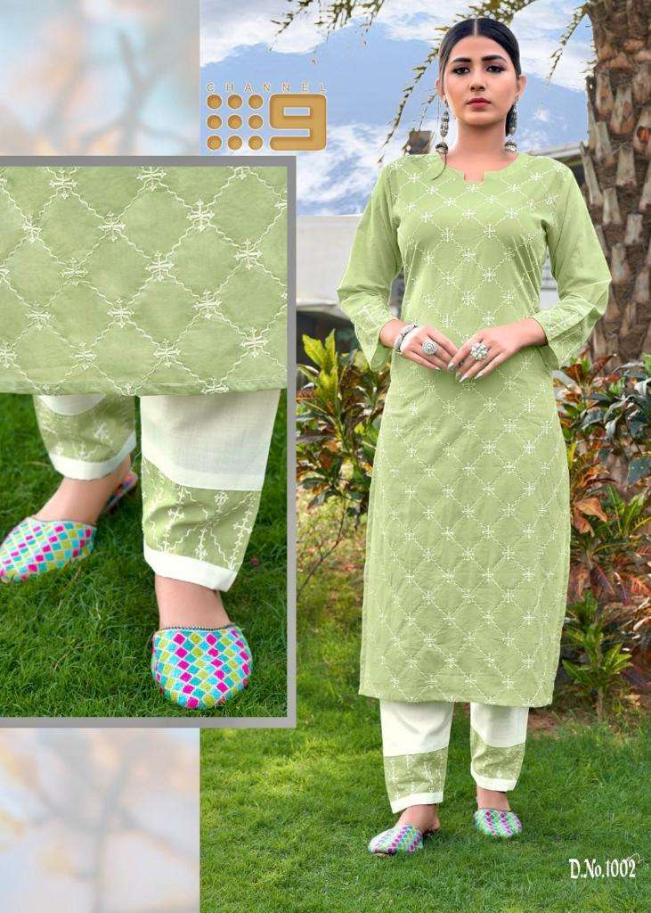 SHALEEN BY C9 1001 TO 1006 SERIES DESIGNER STYLISH FANCY COLORFUL BEAUTIFUL PARTY WEAR & ETHNIC WEAR COLLECTION PURE COTTON EMBROIDERY KURTIS WITH BOTTOM AT WHOLESALE PRICE