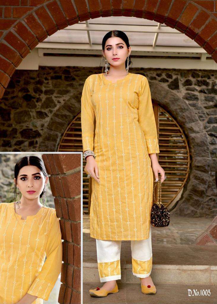 SHALEEN BY C9 1001 TO 1006 SERIES DESIGNER STYLISH FANCY COLORFUL BEAUTIFUL PARTY WEAR & ETHNIC WEAR COLLECTION PURE COTTON EMBROIDERY KURTIS WITH BOTTOM AT WHOLESALE PRICE