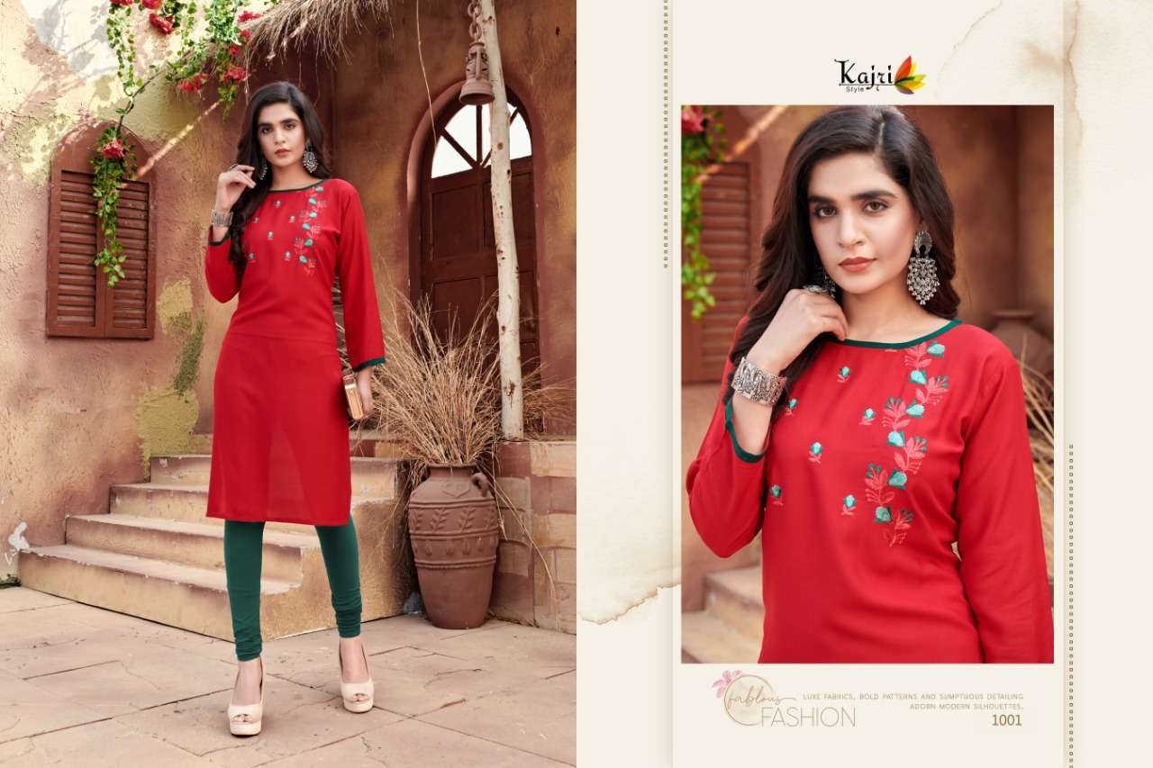 FLORENCE VOL-2 BY KAJRI STYLE 1001 TO 1006 SERIES DESIGNER STYLISH FANCY COLORFUL BEAUTIFUL PARTY WEAR & ETHNIC WEAR COLLECTION HEAVY RAYON EMBROIDERY KURTIS AT WHOLESALE PRICE
