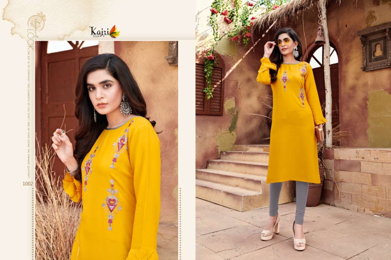 FLORENCE VOL-2 BY KAJRI STYLE 1001 TO 1006 SERIES DESIGNER STYLISH FANCY COLORFUL BEAUTIFUL PARTY WEAR & ETHNIC WEAR COLLECTION HEAVY RAYON EMBROIDERY KURTIS AT WHOLESALE PRICE