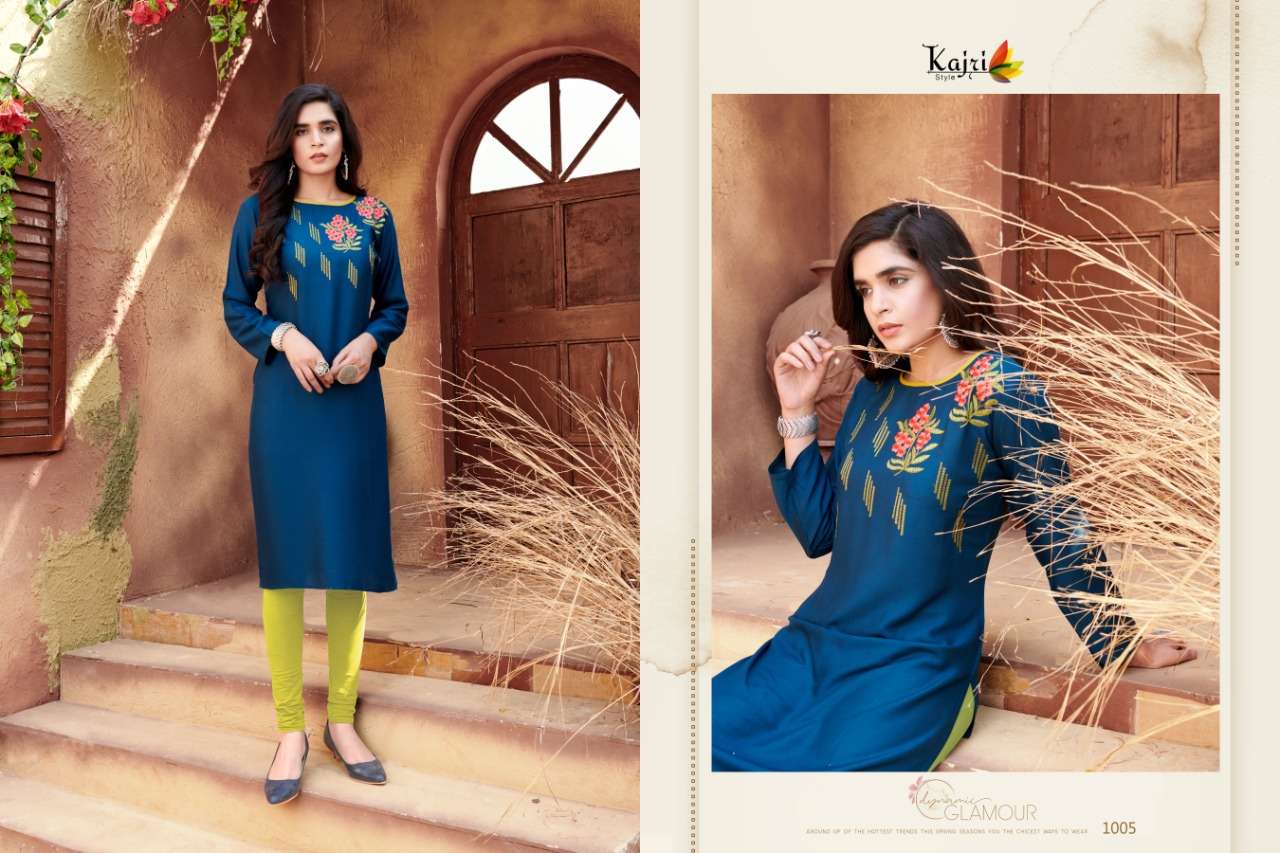 FLORENCE VOL-2 BY KAJRI STYLE 1001 TO 1006 SERIES DESIGNER STYLISH FANCY COLORFUL BEAUTIFUL PARTY WEAR & ETHNIC WEAR COLLECTION HEAVY RAYON EMBROIDERY KURTIS AT WHOLESALE PRICE