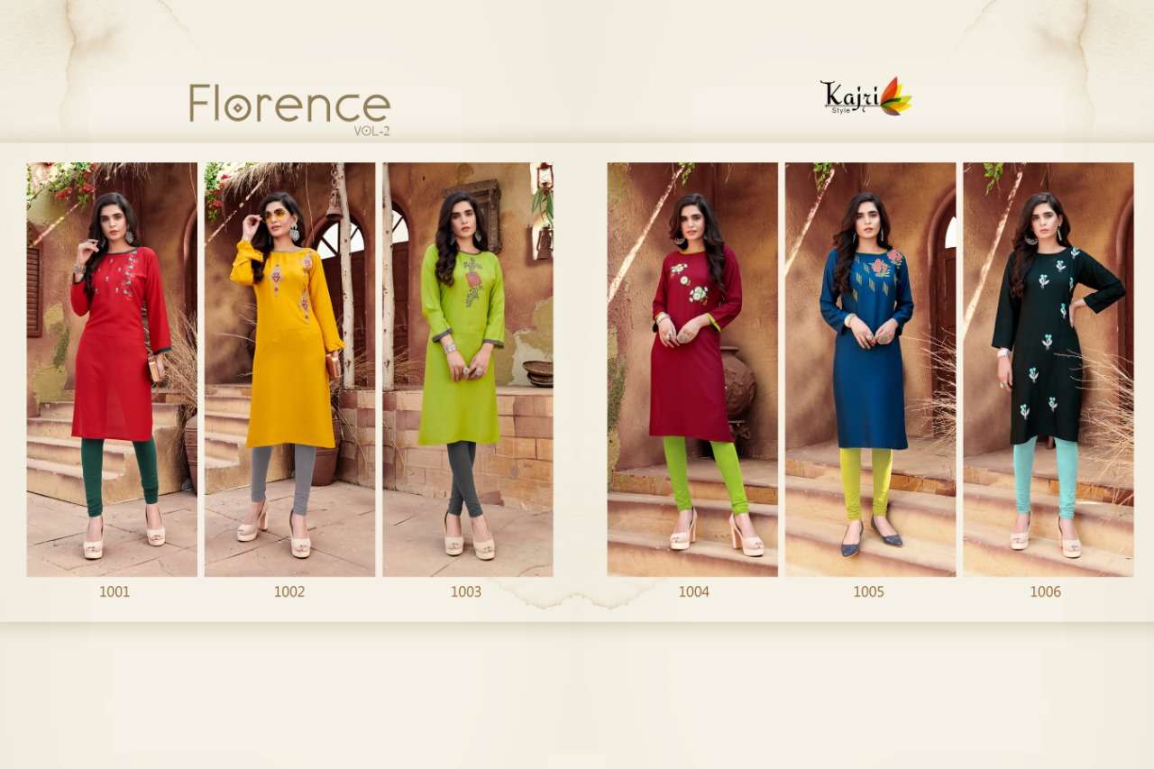 FLORENCE VOL-2 BY KAJRI STYLE 1001 TO 1006 SERIES DESIGNER STYLISH FANCY COLORFUL BEAUTIFUL PARTY WEAR & ETHNIC WEAR COLLECTION HEAVY RAYON EMBROIDERY KURTIS AT WHOLESALE PRICE