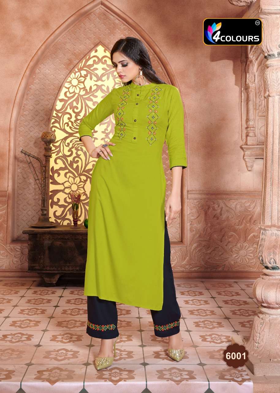 VINTAGE BY 4 COLOURS 6001 TO 6006 SERIES DESIGNER STYLISH FANCY COLORFUL BEAUTIFUL PARTY WEAR & ETHNIC WEAR COLLECTION HEAVY RAYON KURTIS WITH BOTTOM AT WHOLESALE PRICE
