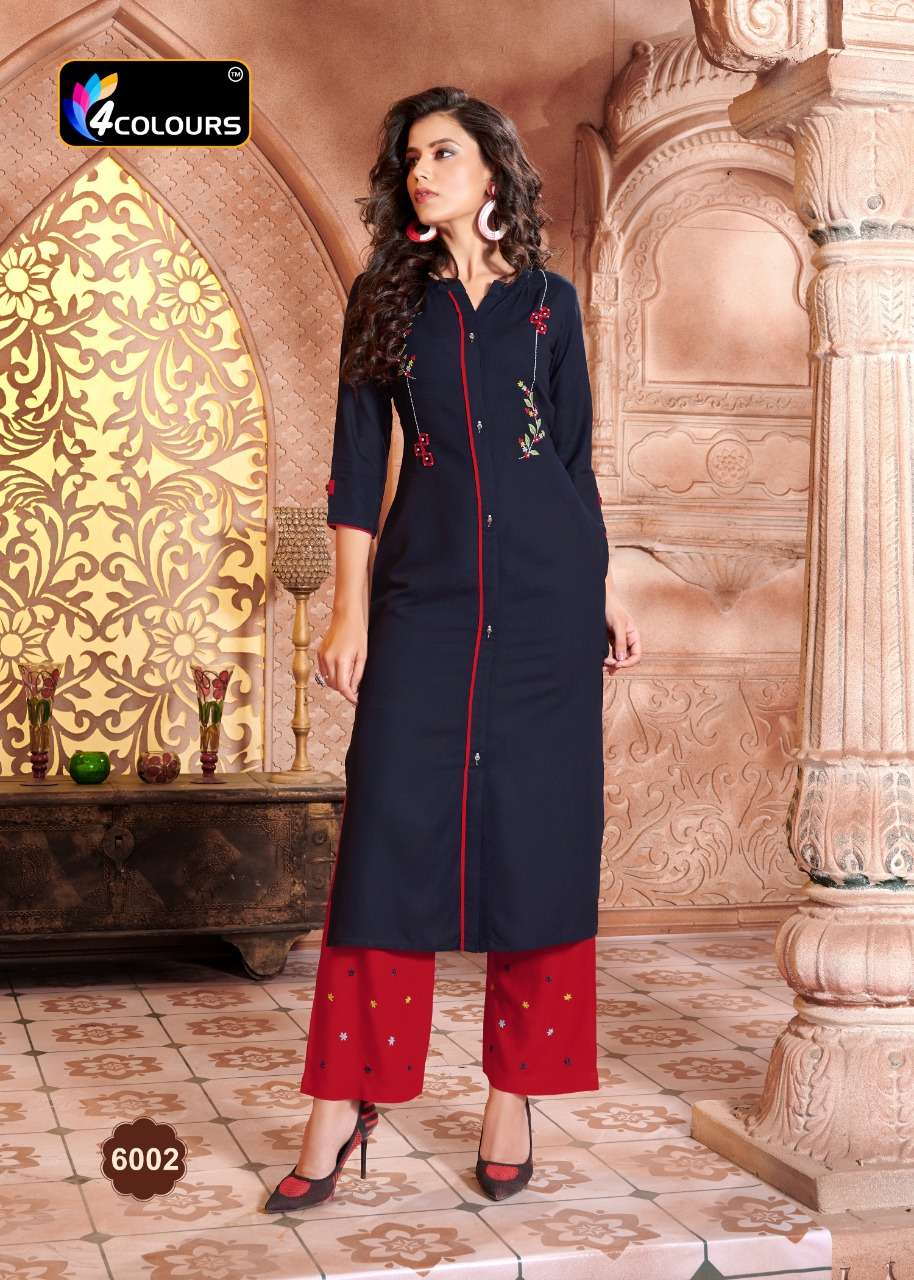 VINTAGE BY 4 COLOURS 6001 TO 6006 SERIES DESIGNER STYLISH FANCY COLORFUL BEAUTIFUL PARTY WEAR & ETHNIC WEAR COLLECTION HEAVY RAYON KURTIS WITH BOTTOM AT WHOLESALE PRICE