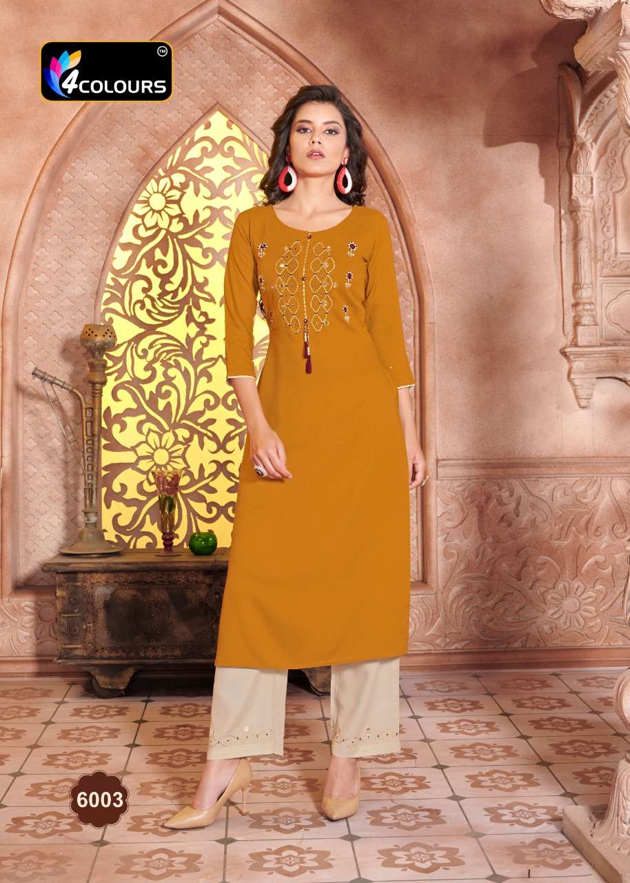 VINTAGE BY 4 COLOURS 6001 TO 6006 SERIES DESIGNER STYLISH FANCY COLORFUL BEAUTIFUL PARTY WEAR & ETHNIC WEAR COLLECTION HEAVY RAYON KURTIS WITH BOTTOM AT WHOLESALE PRICE