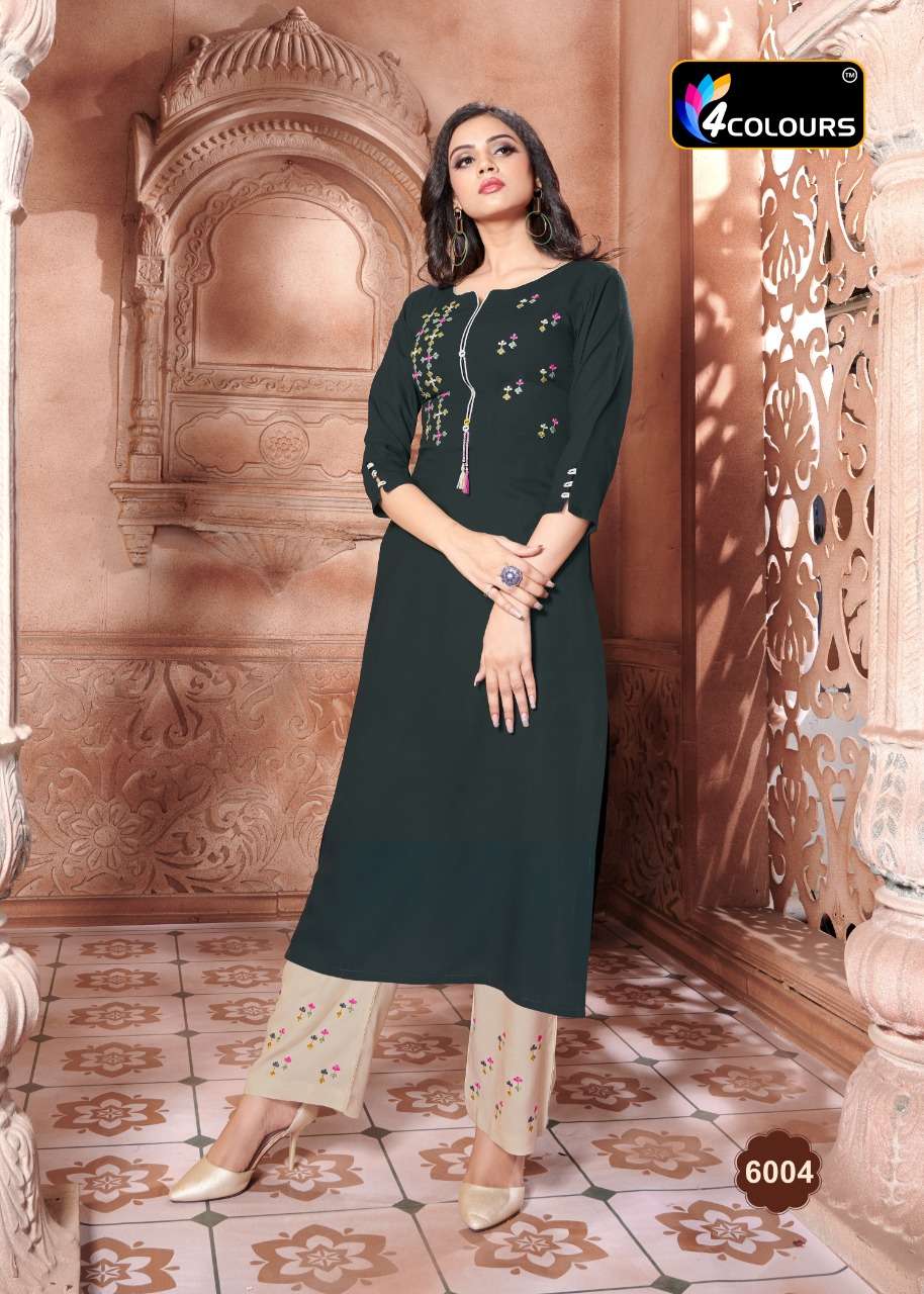 VINTAGE BY 4 COLOURS 6001 TO 6006 SERIES DESIGNER STYLISH FANCY COLORFUL BEAUTIFUL PARTY WEAR & ETHNIC WEAR COLLECTION HEAVY RAYON KURTIS WITH BOTTOM AT WHOLESALE PRICE
