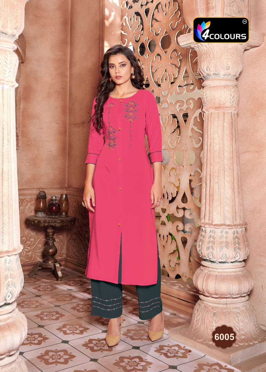 VINTAGE BY 4 COLOURS 6001 TO 6006 SERIES DESIGNER STYLISH FANCY COLORFUL BEAUTIFUL PARTY WEAR & ETHNIC WEAR COLLECTION HEAVY RAYON KURTIS WITH BOTTOM AT WHOLESALE PRICE