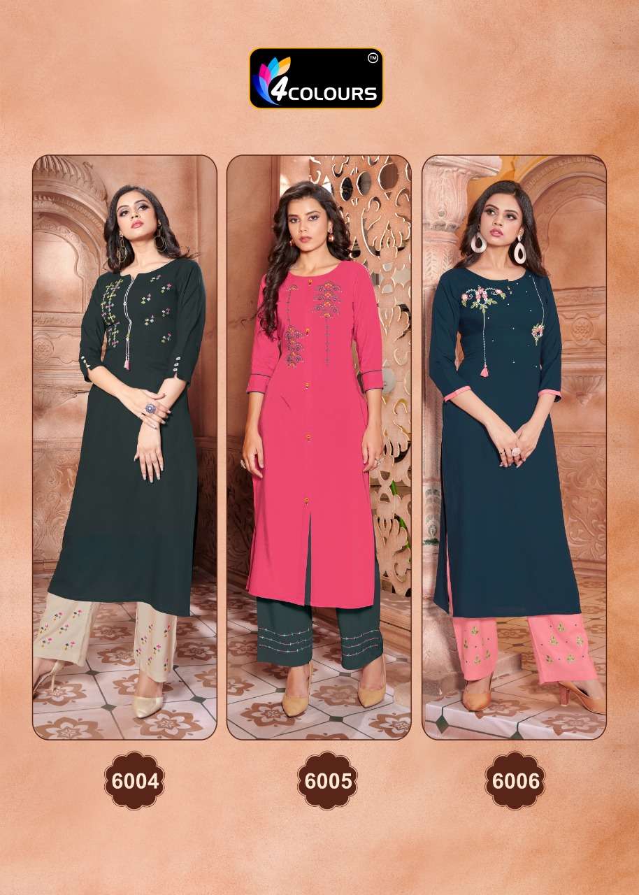 VINTAGE BY 4 COLOURS 6001 TO 6006 SERIES DESIGNER STYLISH FANCY COLORFUL BEAUTIFUL PARTY WEAR & ETHNIC WEAR COLLECTION HEAVY RAYON KURTIS WITH BOTTOM AT WHOLESALE PRICE